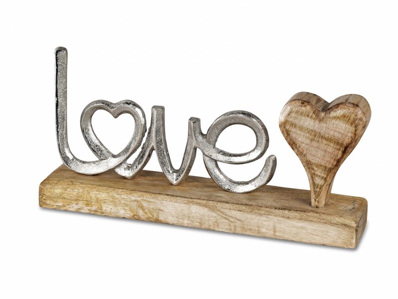Mot "Love" en Alu avec Coeur et Support en Bois de Manguier, H.24cm