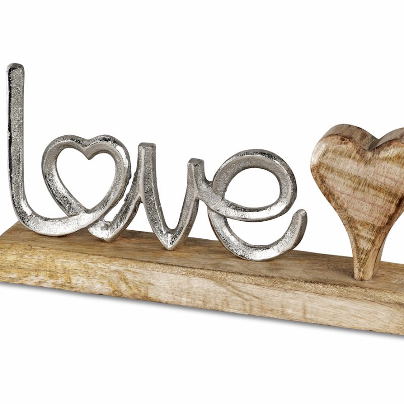 Mot "Love" en Alu avec Coeur et Support en Bois de Manguier, H.24cm