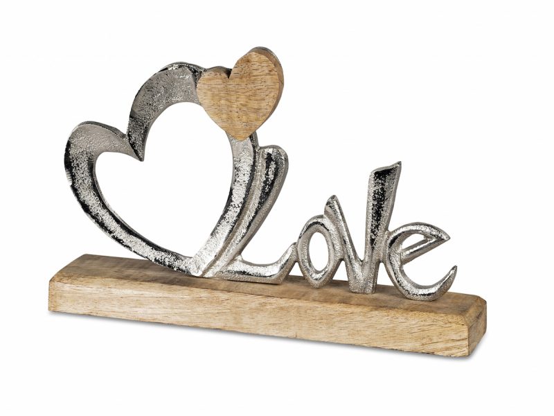 Mot "Love" avec Grand Coeur en Alu et Bois de Manguier, H.24cm