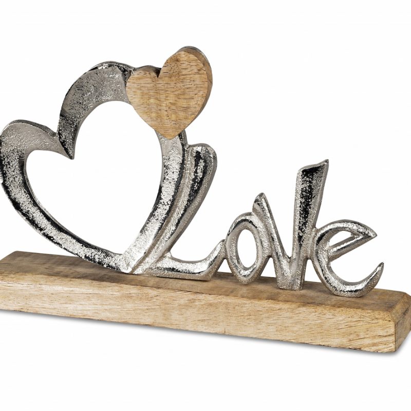 Mot "Love" avec Grand Coeur en Alu et Bois de Manguier, H.24cm