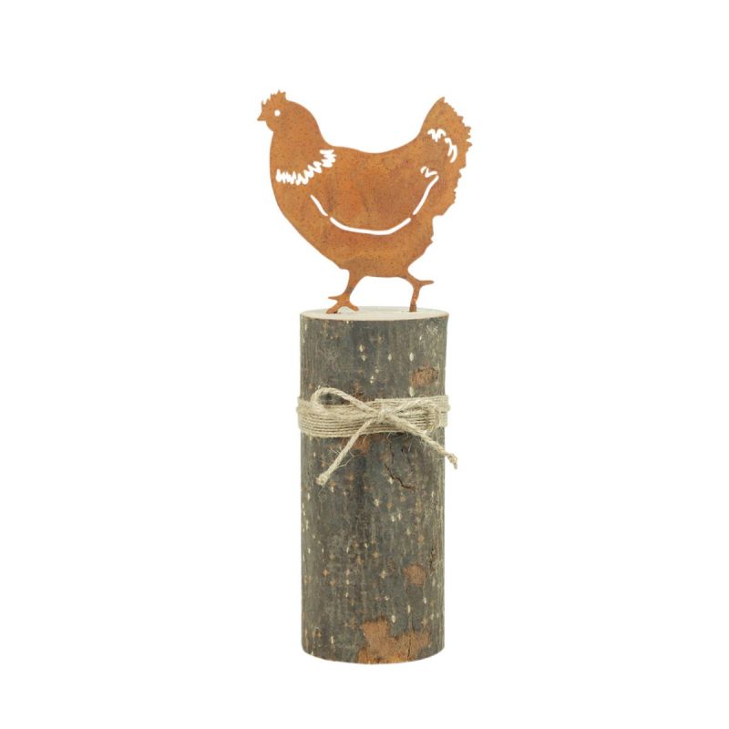 Poule en Métal Rouillé sur Base en Bois, 10x6,5x26cm