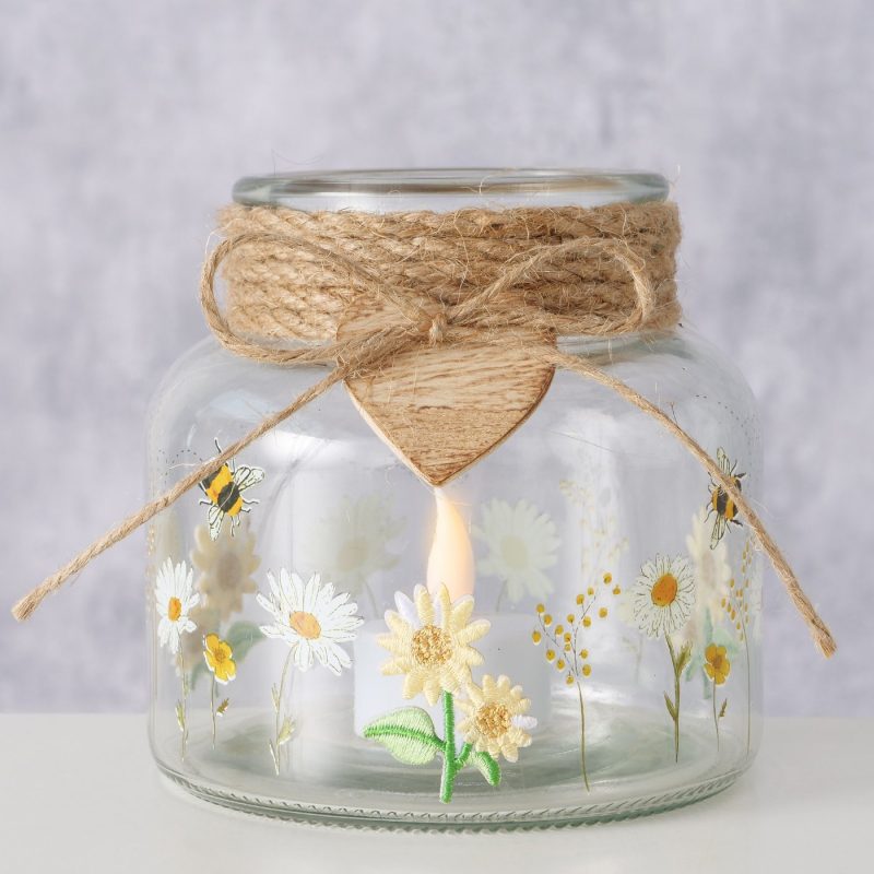 Photophore "Meadow" en Verre, Bois et Jute, H.12cm