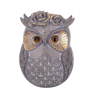 Hibou Floral en Résine Grise et Or, 11,5x9,5x15,5cm