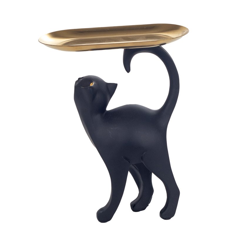 Chat avec Plateau en Résine Noir et Or, 18x8,5x23cm – Image 6