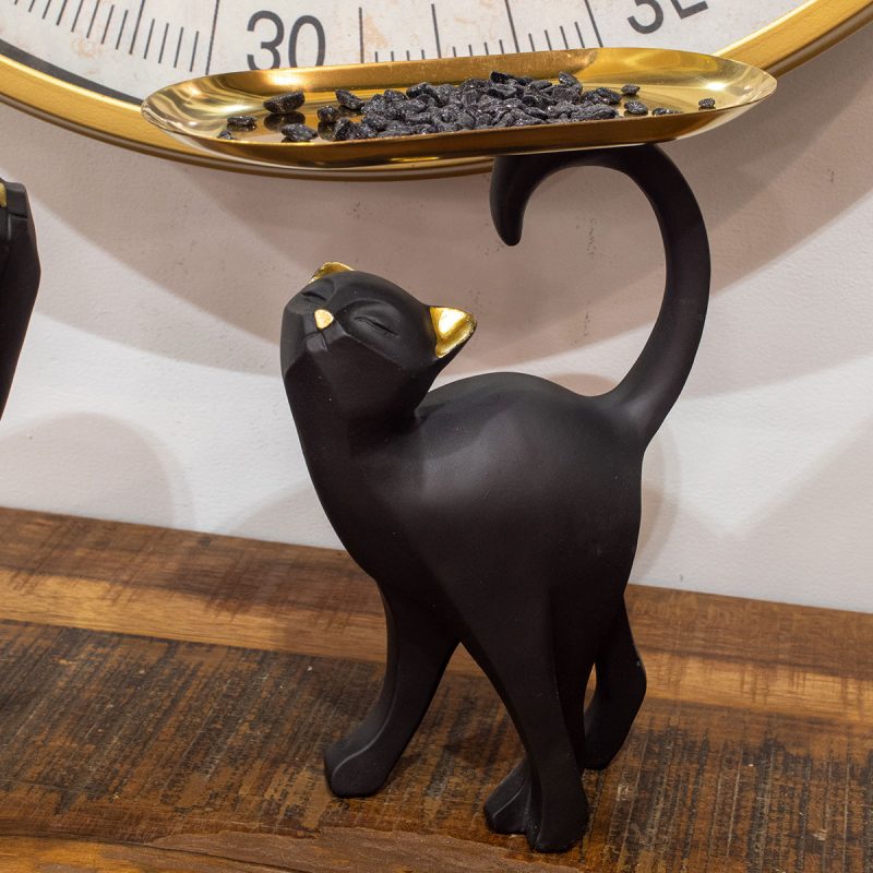 Chat avec Plateau en Résine Noir et Or, 18x8,5x23cm – Image 4