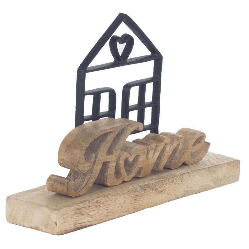 Mot "Home" sur Socle en Bois de Manguier avec Décor Maison en Métal Noir, 25x6,5x17cm – Image 3