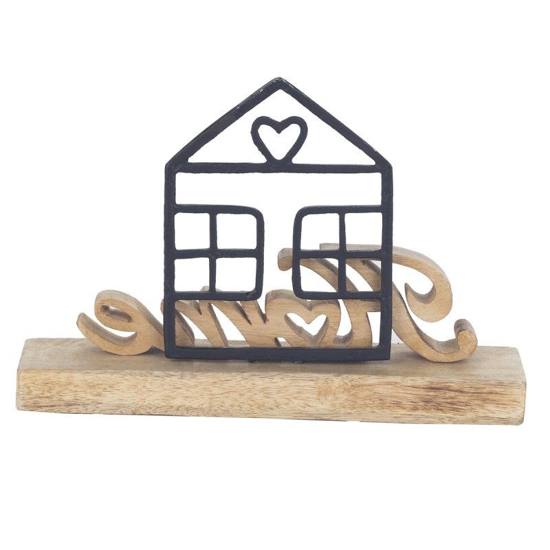 Mot "Home" sur Socle en Bois de Manguier avec Décor Maison en Métal Noir, 25x6,5x17cm – Image 2
