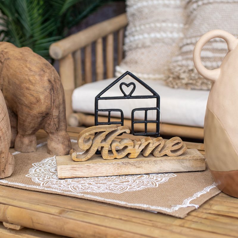 Mot "Home" sur Socle en Bois de Manguier avec Décor Maison en Métal Noir, 25x6,5x17cm