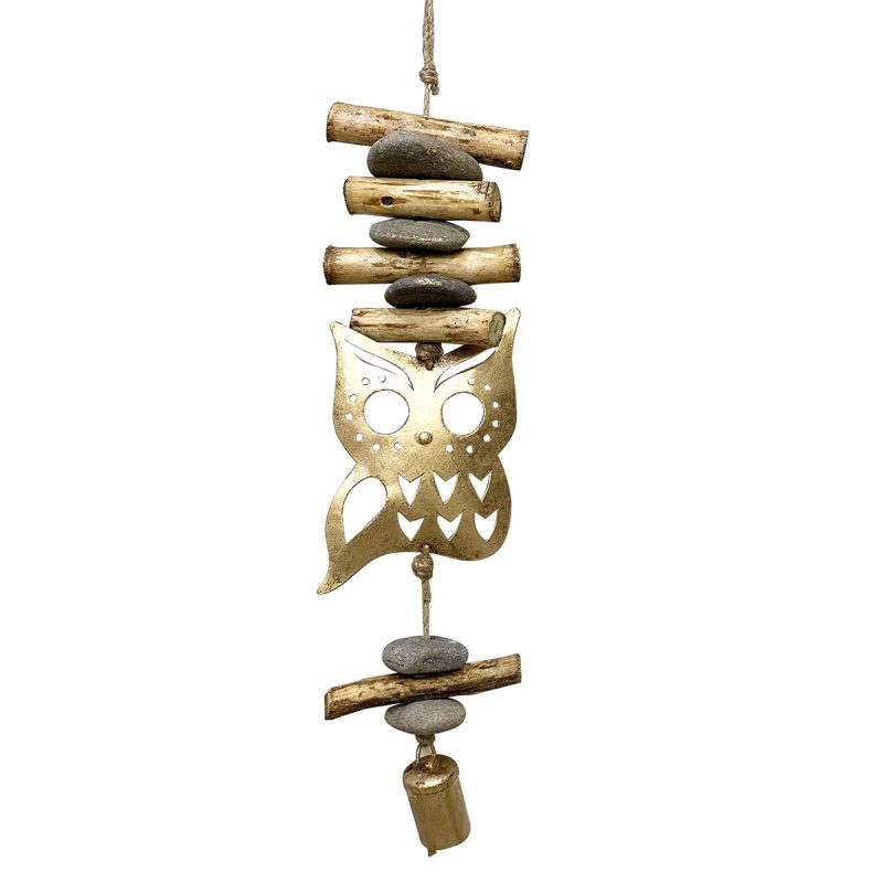 Carillon en Bois avec Chouette et Cloche en Métal Dorée, 11x5x48cm