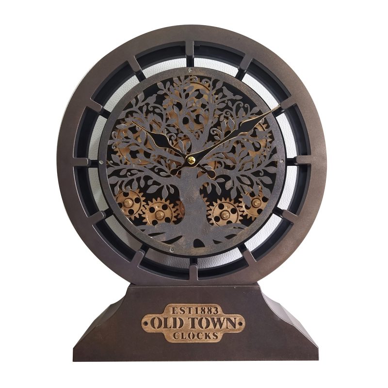 Horloge à Poser, Arbre de Vie avec Engrenages Mobiles, en Métal et Bois, 25x6,5x30,5cm