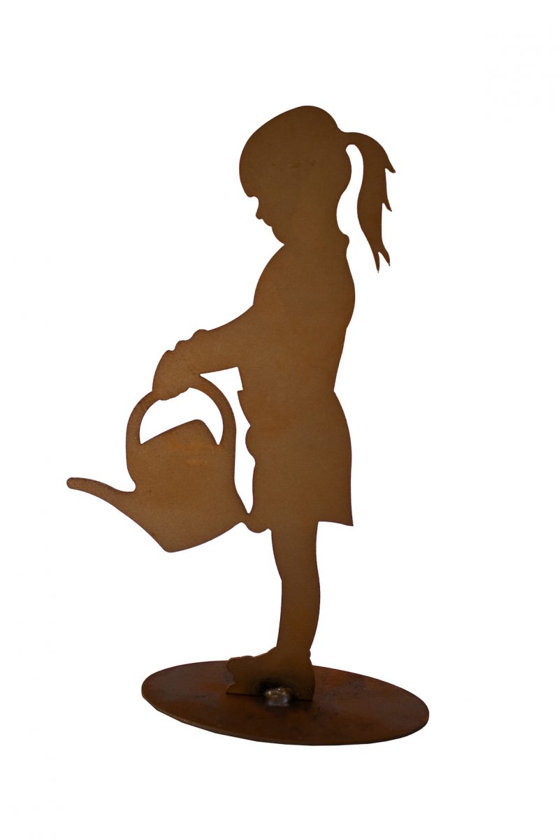 Fillette à l'Arrosoir sur Socle, en Métal Rouillé, 10xH.19cm