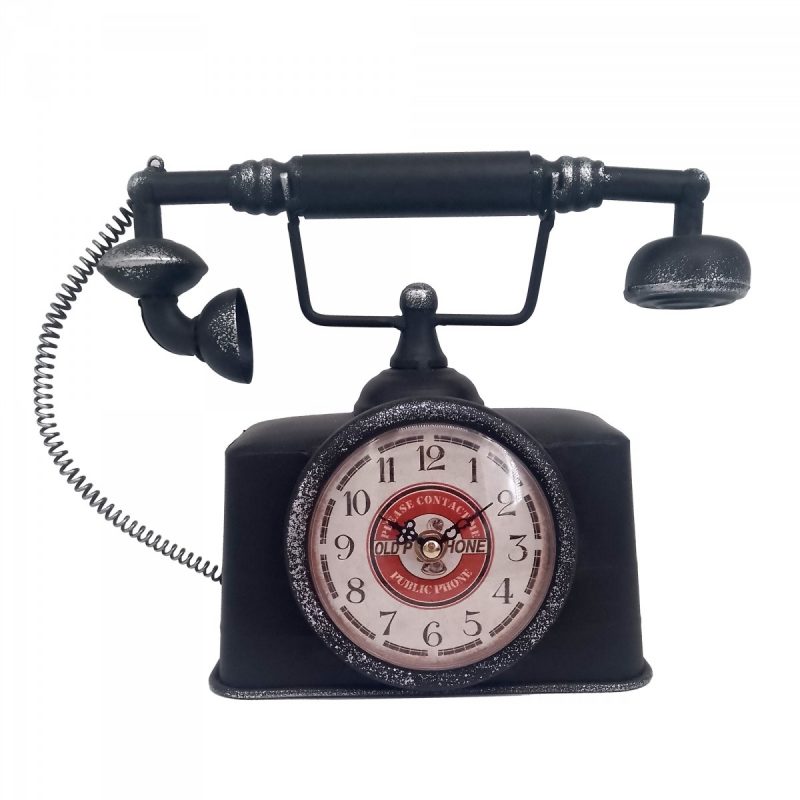 Horloge "Téléphone" Antique, en Métal Noir, 28x11x22cm
