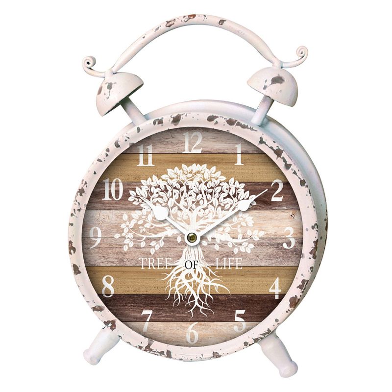Horloge de Table "Arbre de Vie" en Métal Blanc Antique, 16x6x20,5cm