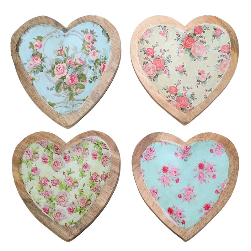 Plateau Coeur en Bois Floral, 4 Modèles au Choix, 15x2x15cm