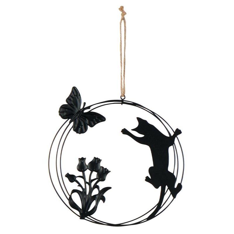 Pendentif Rond avec Décor Chat jouant avec Papillon et Tulipes en Métal noir ø17cm