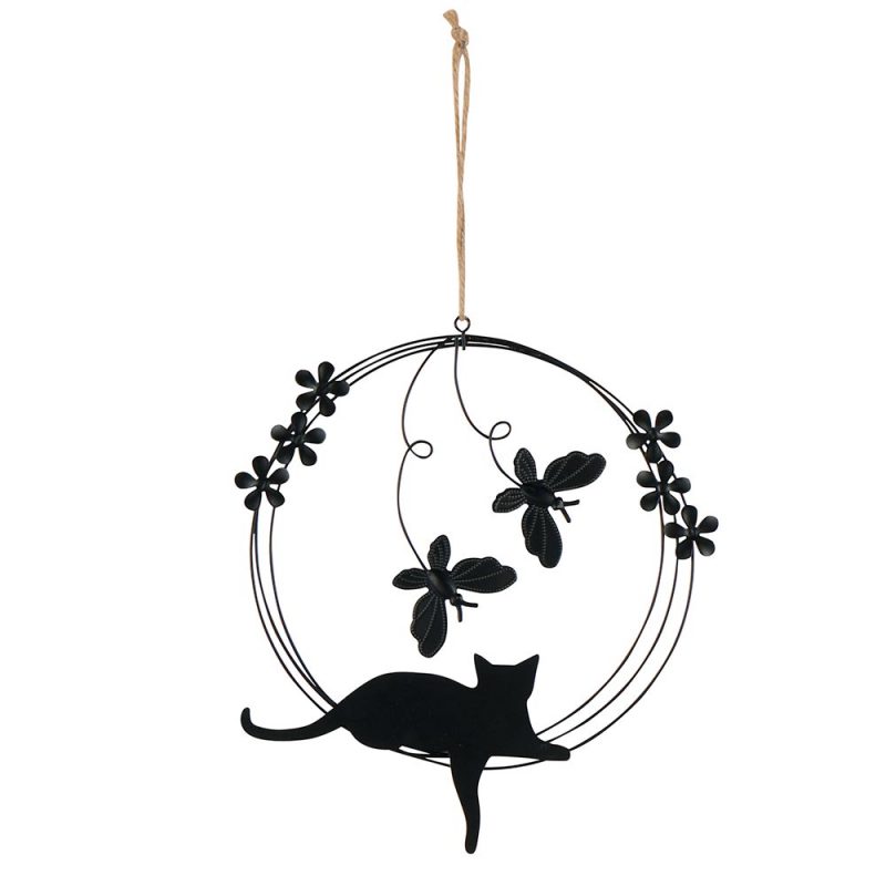 Pendentif Rond avec Décor Chat couché avec Papillons en Métal noir ø18cm