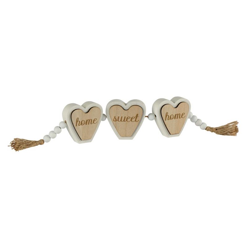 Guirlande 3 cœurs « Home Sweet Home » avec perles en bois blanc et pompons en jute, à poser, 51x8x2 cm