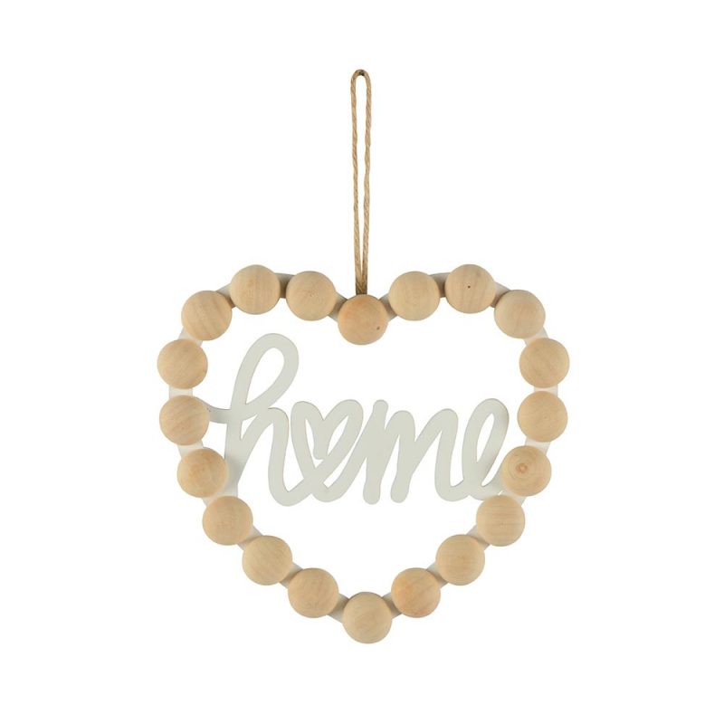 Pendentif Cœur « Home » en bois blanc et perles en bois naturel 19,5x19x2 cm