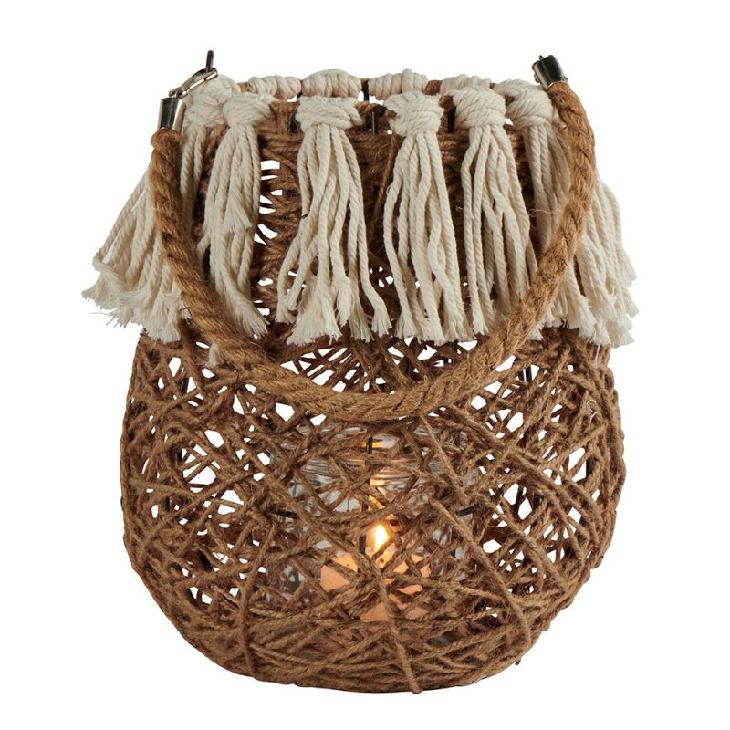 Lanterne en Jute sur Base métal, pompons en coton blanc, anse en corde, 22.5, Haut. : 27 cm