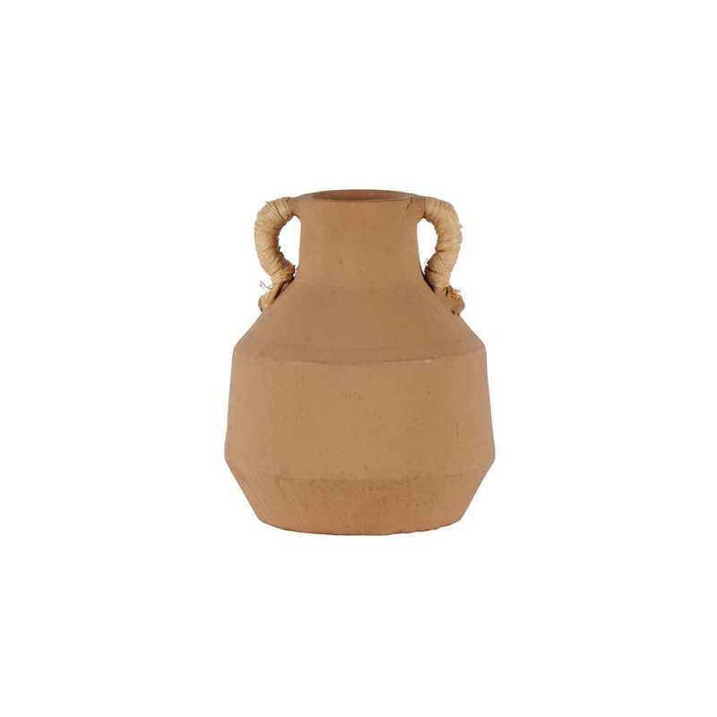 Vase en argile coloris naturel, 2 anses en raphia, Diam. : 19, Haut. : 24 cm