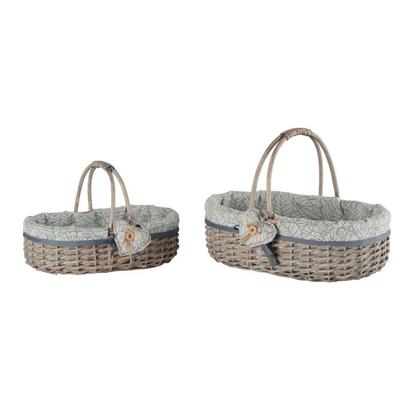 Lot de 2 Paniers Ovales, Vannerie claire, Doublure écrue imprimé feuillage, Coeur et Noeud Gris, 28x19x18cm