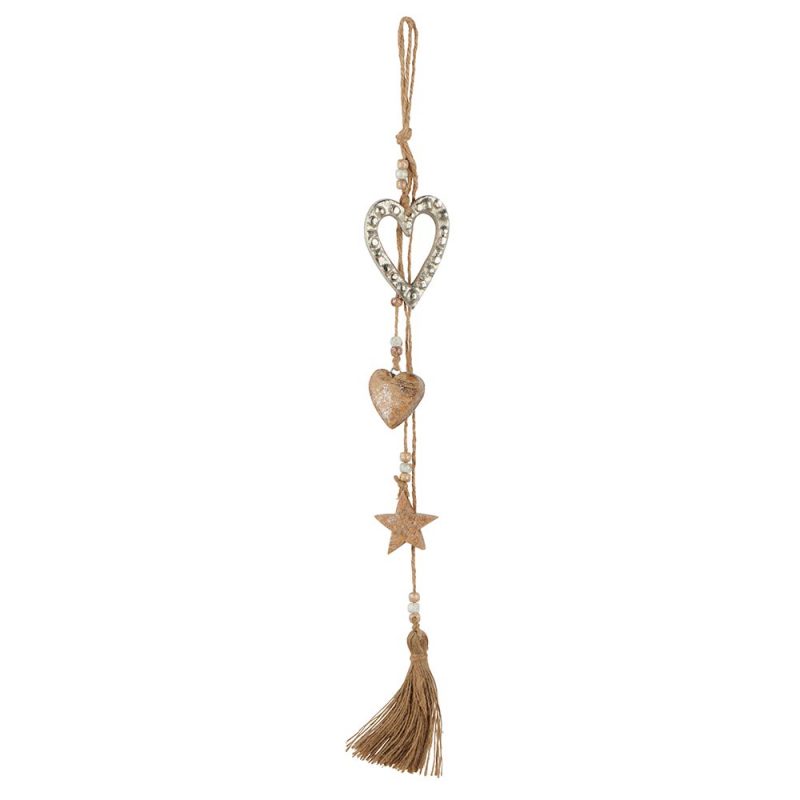 Pendentif Coeur en métal Argenté, Cœur et Etoile en bois Pailletée, Pompon, 13x60x1cm