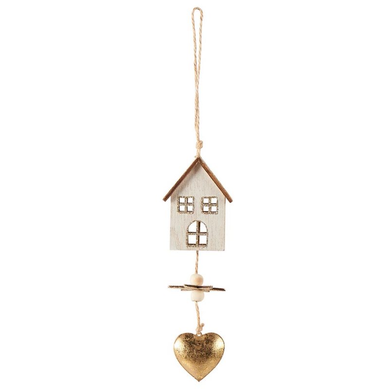 Pendentif Maison en bois blanc et pailleté, cœur métal doré. 5x17cm