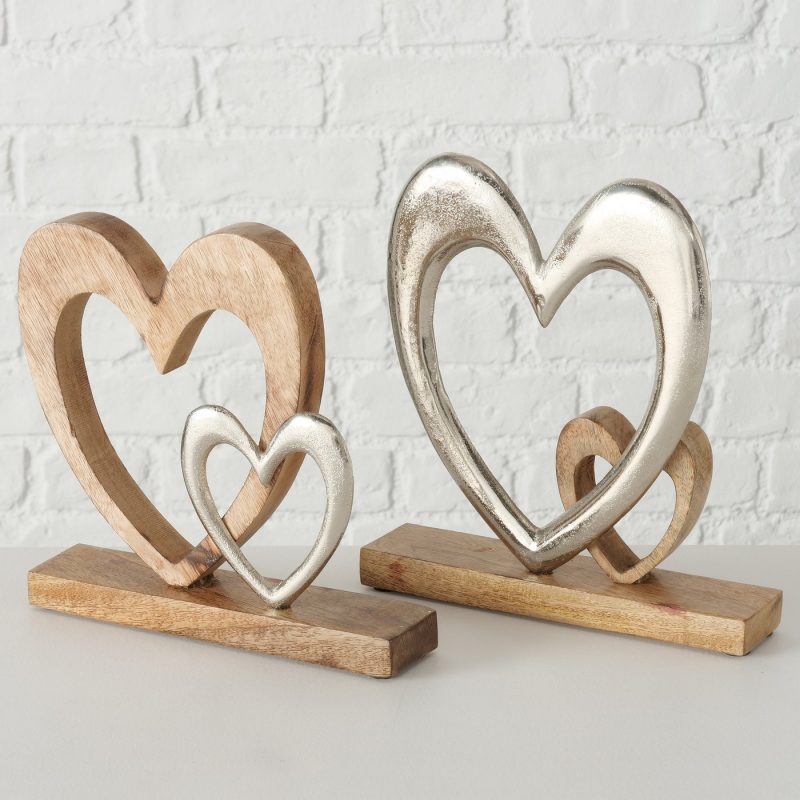 Coeur Décoratif "Fioria" sur Socle en Bois, Manguier, 2 Modèles au Choix, 21x6x25cm