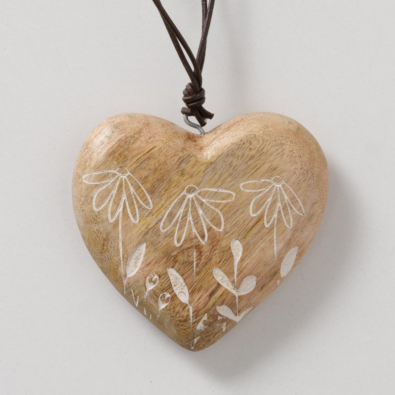Pendentif Cœur "Kamille" Décor Floral, Fait Main, en Manguier, 10x3x10cm – Image 2