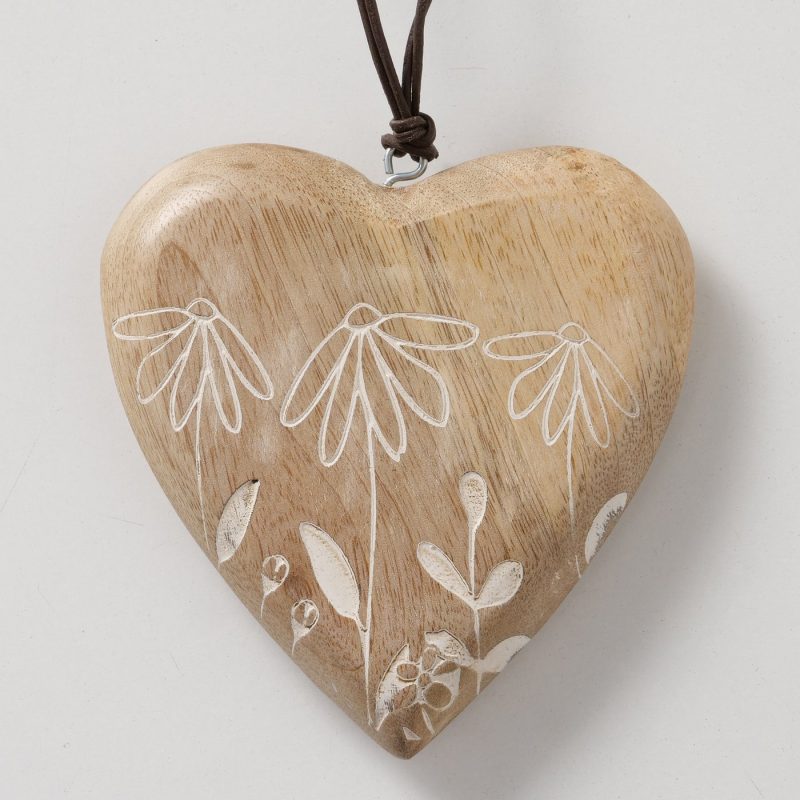 Pendentif Cœur "Kamille" Décor Floral, Fait Main, en Manguier, 13x3x13cm – Image 2