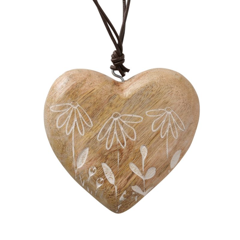 Pendentif Cœur "Kamille" Décor Floral, Fait Main, en Manguier, 10x3x10cm