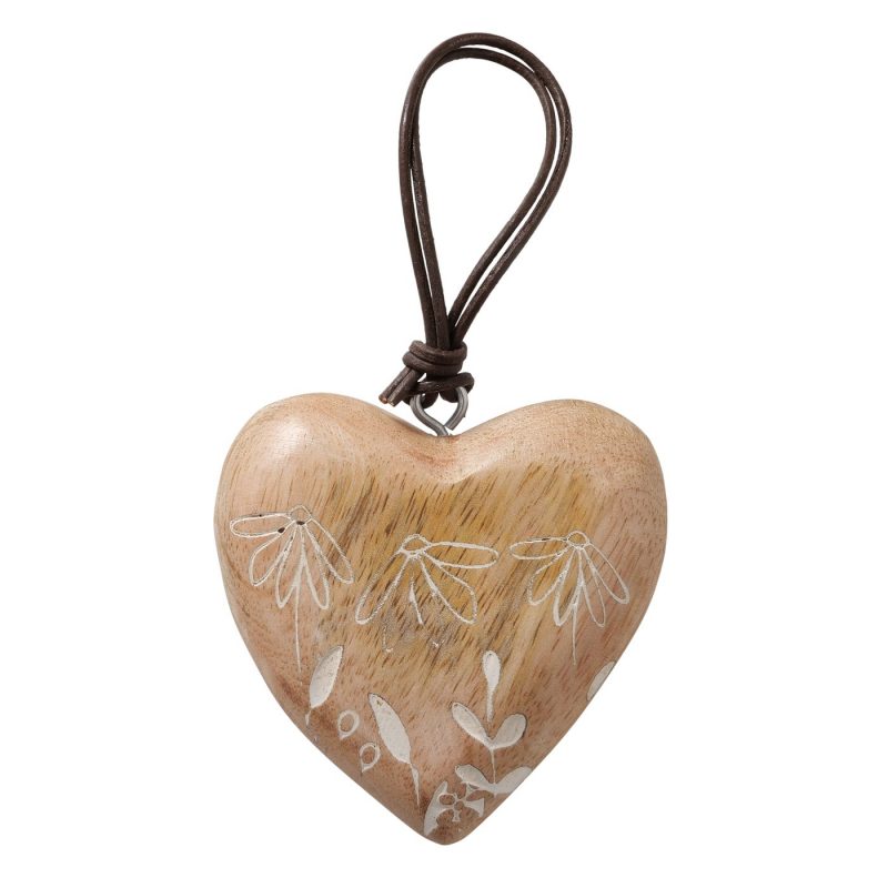 Pendentif Cœur "Kamille" Décor Floral, Fait Main, en Manguier, 7x2x7cm