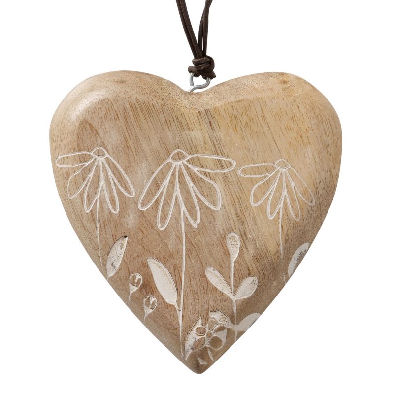 Pendentif Cœur "Kamille" Décor Floral, Fait Main, en Manguier, 13x3x13cm