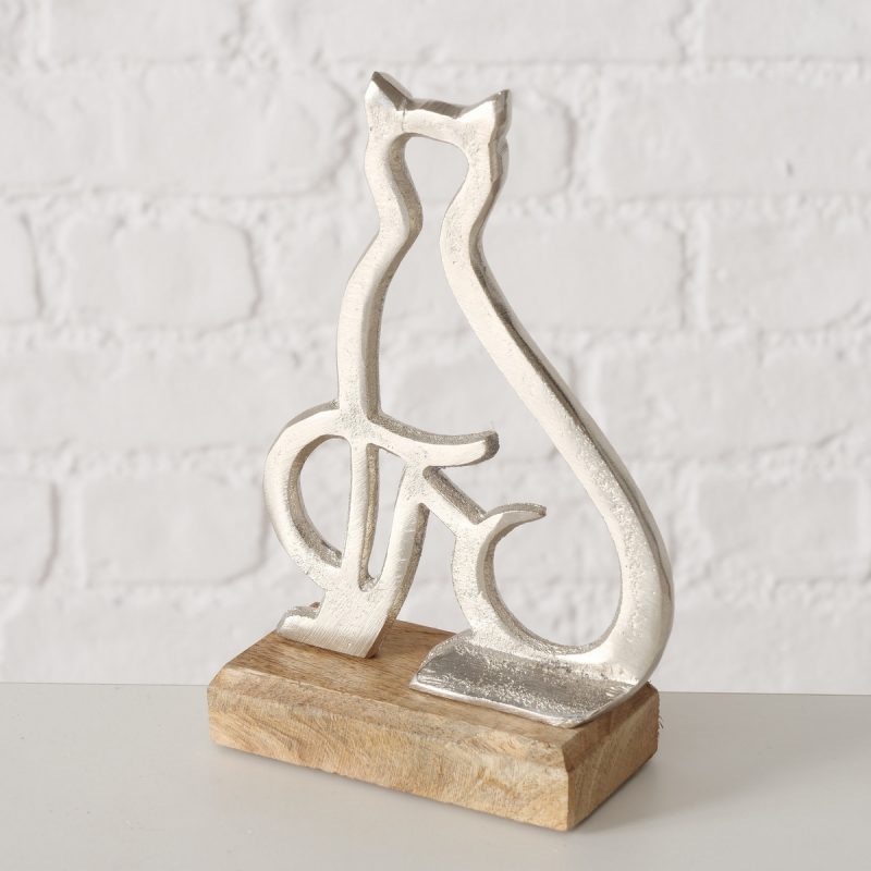 Figurine Chat en Alu Argent et Bois de Manguier, H.15cm