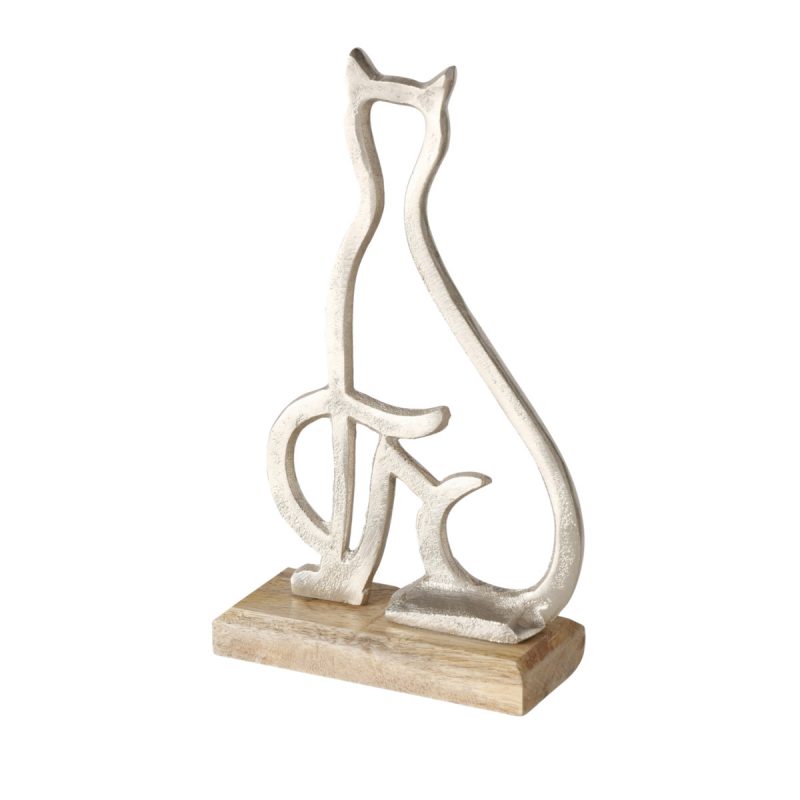 Figurine Chat en Alu Argent et Bois de Manguier, H.21cm
