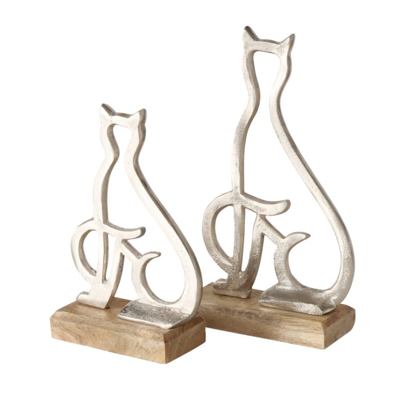 Figurine Chat en Alu Argent et Bois de Manguier, H.15cm – Image 2
