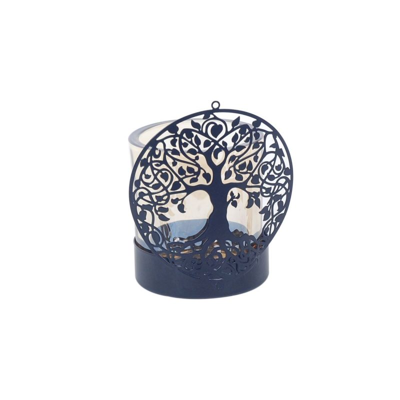 Bougeoir Arbre de Vie en Métal Noir et Verre, 9x7x11cm