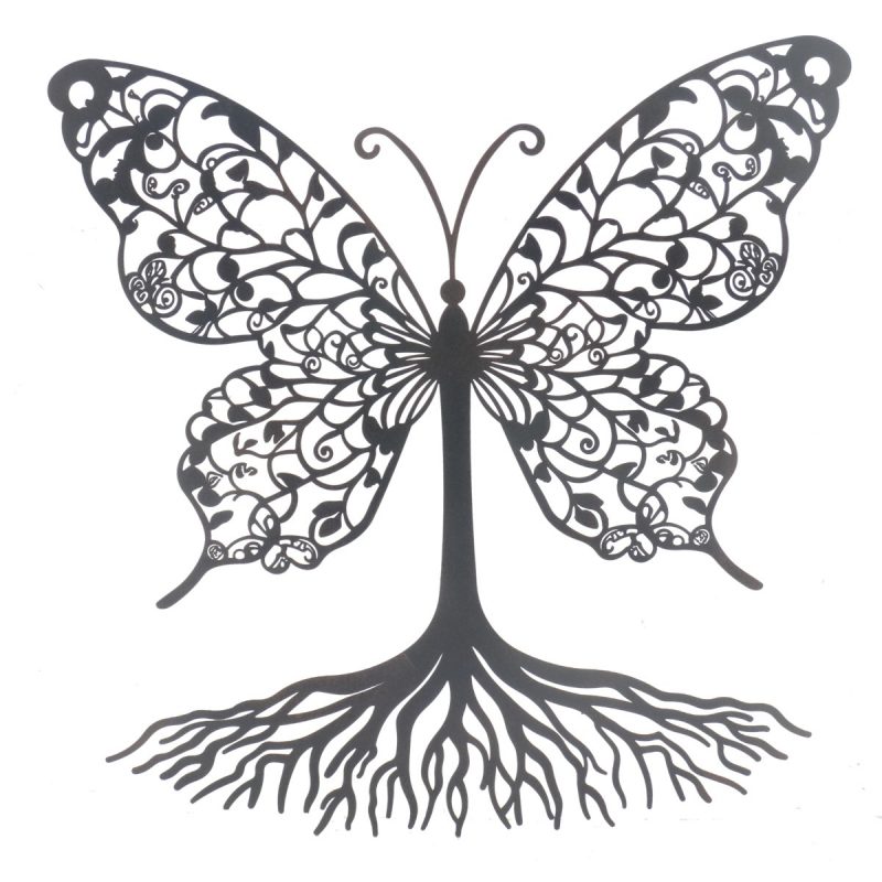 Papillon Mural, aux Racines, en Métal Noir, 50x1x50cm