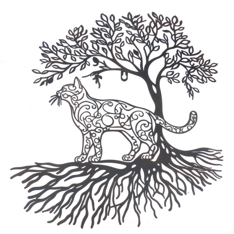 Arbre de Vie Mural avec Chat, en Métal Noir, 50x1x50cm
