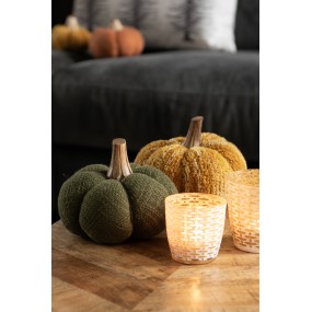 Citrouille Décorative en Tissu Vert et Tige en Bois, 13cm