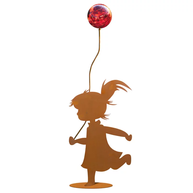 Fillette sur Socle en Métal Rouillé, avec Ballon en Verre ø12cm, Divers Coloris, 35xH.60cm