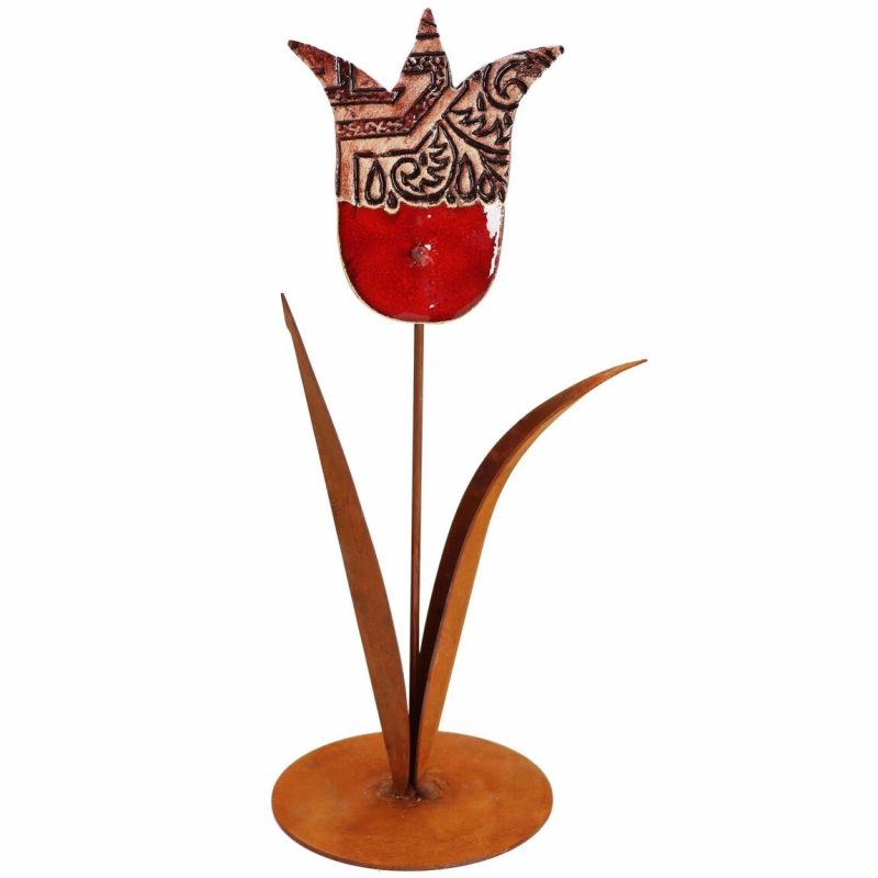 Tulipe sur Socle en Métal Rouillé avec Fleur en Argile H.33cm