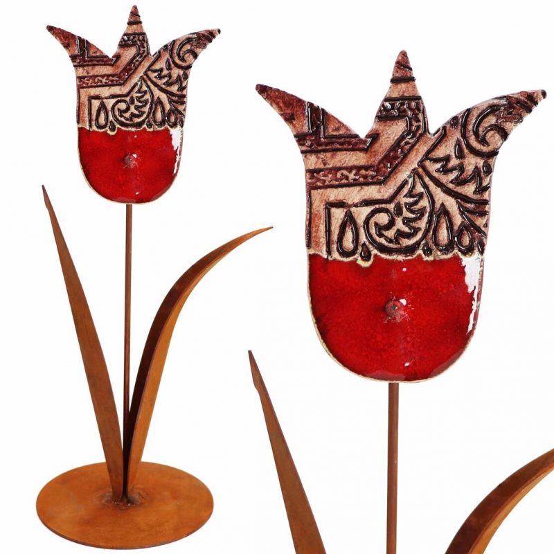 Tulipe sur Socle en Métal Rouillé avec Fleur en Argile H.33cm – Image 2