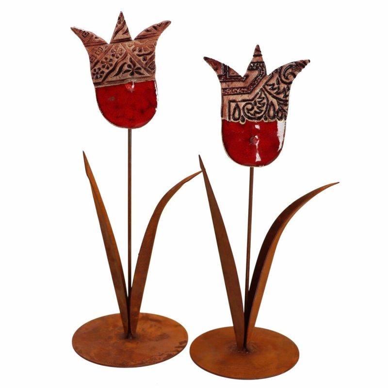 Tulipe sur Socle en Métal Rouillé avec Fleur en Argile H.33cm – Image 3
