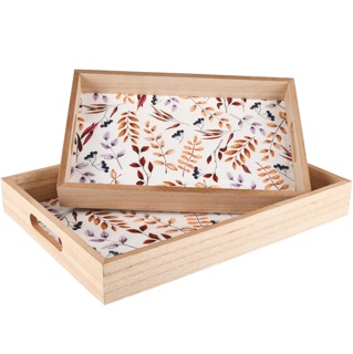 Set de 2 Plateaux en Bois Décor Feuilles, 53x25x4cm