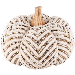 Citrouille Blanche en Tissu et Bois avec Perles 15x15x13cm