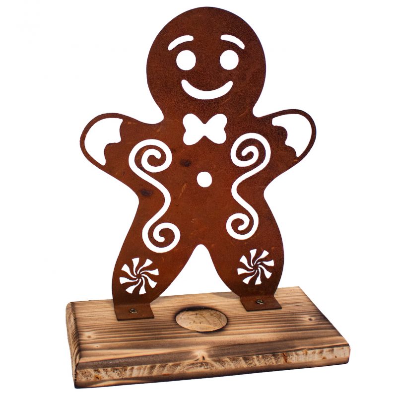 Bougeoir Pain d'Epices en Métal Rouillé sur Socle en Bois 18xH.23cm