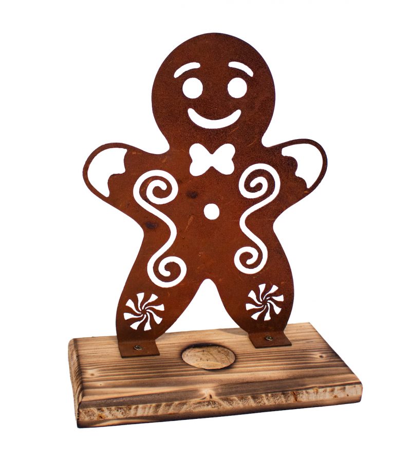 Bougeoir Pain d'Epices en Métal Rouillé sur Socle en Bois 18xH.23cm