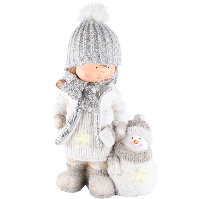 Enfant d'Hiver avec Bonhomme de Neige, en Magnésie, avec LED, 24x16x40cm