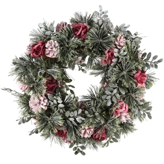 Couronne avec Roses, Pommes de Pin, Rose/Vert, Naturel, 35x35x8cm